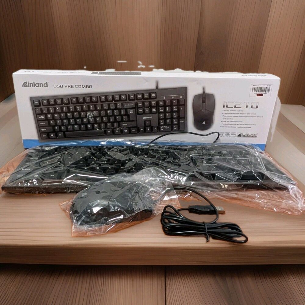 Inland USB Keyboard and Mouse Kit Black Wireed NIB for Laptop/PC